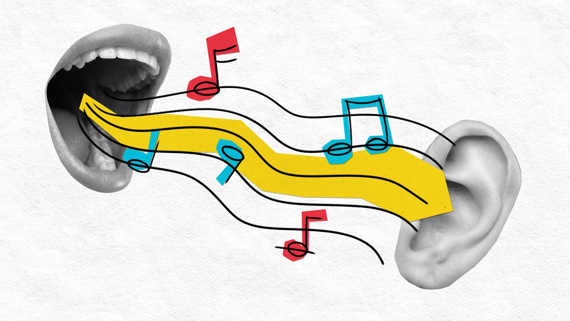 Modern artwork. Open mouth and ear connected by colorful music notes and sound waves, symbolizing communication, expression.